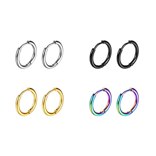 Surgical Stainless Steel Hoop Earrings 8mm/10mm/12mm Small Huggie Hoop Earrings for Women and Men - color: B: Diameter 10mm (4 Color),4 Pairs