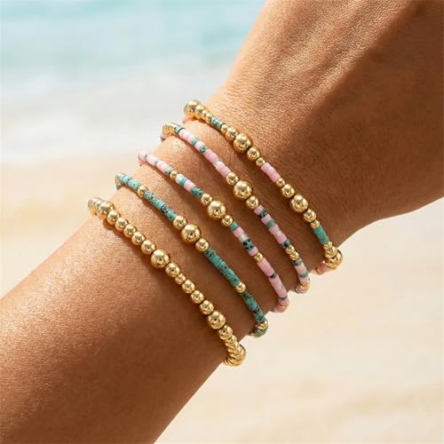 Gold Bracelets for Women, Beaded Cross Stack, Non Tarnish Set，Set-1 | Gold Beaded Bracelet Stack with Stretch Fit, Waterproof Finish and Dainty Design for Everyday Wear and Gifts - color: Colors-4