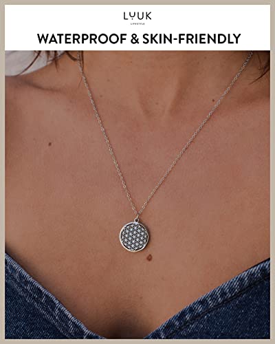 LUUK LIFESTYLE Stainless steel necklace with pendant and HAPPINESS card, 20” adjustable length, lucky charm, friendship chain, Valentine's Day gift, birthday, women's jewelry, silver, gold, rosegold - color: Silver, size: Flower of Life