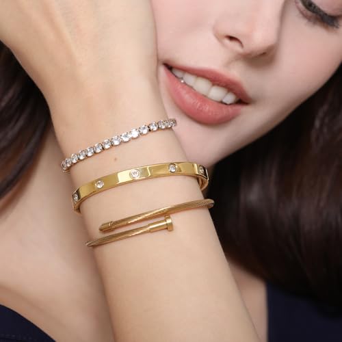 18K Gold Plated Stackable Love Bangle Bracelet Set for Women - 3 Pcs Stainless Steel Chain Bracelet Cubic Zirconia Tennis Bracelet Gold Bangle Set Gift for Wife - color: Tennis Bracelet Stack