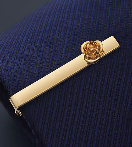 Unique Rose Flower Cufflinks and Tie Clip Set for Men Regular Necktie | Silver/Golden/Black Men's Tie Pin and Cuff Links for Wedding Party Daily Office Formal Casual Business Tuxedo Dress Accessory - style: 14K Gold Plated Cufflinks Tie Pin Set