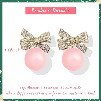 Pearl Bow Earrings for Women Coquette Aesthetic Jewelry Rhinestone Bow Earrings for Bridesmaids Wedding Party Accessories Bridal Costume Accents Bowknot Themed Gifts - color: C3: Pink Pearl Bow Earrins