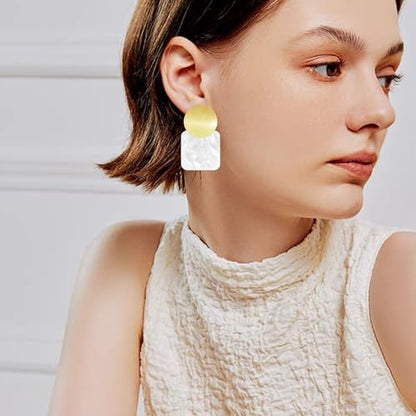 70s 80s Acrylic Hollow Round Geometric Dangle Drop Earrings Retro Square Oval Stud earrings For Women - style: White Gold