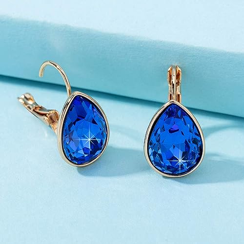 Austrian Crystal Teardrop Leverback Drop Earrings for Women | 14K Gold-Plated Finish, Sparkling Pear Stone, Smooth Bezel Frame, Secure Leverback Closure, Dainty Day-To-Evening Style - color: Sapphire