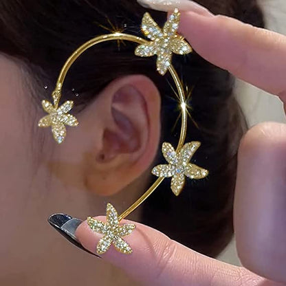 BETHYNAS Glitter Rhinestone Butterfly Flower Ear Cuff Sparkly Non-Pierced Crystal Tassel Fake Earrings Climber Lady Ear Wrap Bridal Party Ear Jewelry for Women and Girls - color: Gold Flower