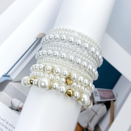 Pearls Bracelets for Women Simulated White Pearl Beaded Bracelet Stack Stackable Stretch Pearl Jewelry Set Multilayered Elastic Gold Pearls Bracelet Set for Prom Party Christmas Gift - style: 10G