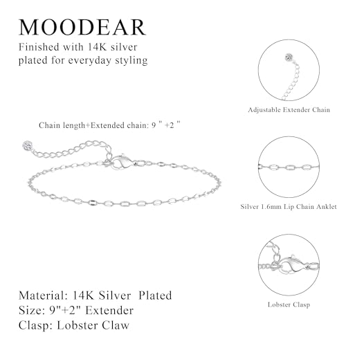 Moodear Ankle Bracelets for Women 14K Silver Plated Twist Bead Chain | Anklet Waterproof Non Tarnish Adjustable Summer Beach Anklet Jewelry Gift