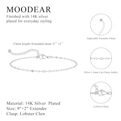Moodear Ankle Bracelets for Women 14K Silver Plated Twist Bead Chain | Anklet Waterproof Non Tarnish Adjustable Summer Beach Anklet Jewelry Gift
