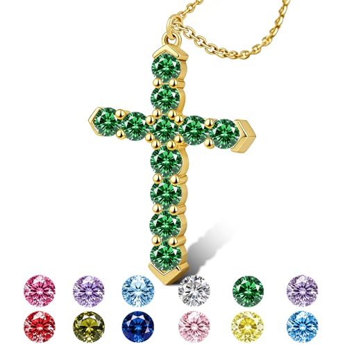 Cross Necklace for Women, Silver Cross Pendant Necklaces | 14K Gold Plated, Dainty CZ Cross Necklace, Non Tarnish and Hypoallergenic Jewelry for Women, Christian Religious Faith Gifts - color: A-Emerald Green-Gold