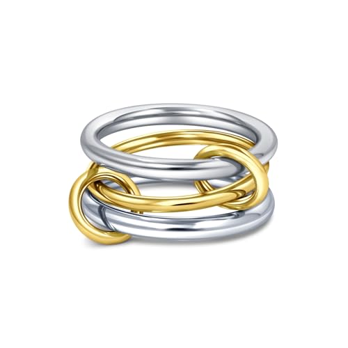 TLY Stackable Gold Rings for Women Interlocking Ring Stack Set non tarnish | 18K Gold Silver Plated Mixed Metal Statement Rings Waterproof Cubic Zirconia Fashion Connected Band Thumb Ring Size 4-11 - color: 03.Solarium set (two silver rings)