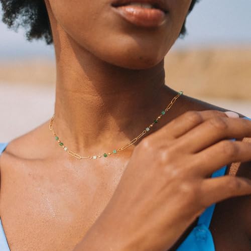 MTMY Beaded Necklaces for Women 14K Gold Plated Dainty Colorful Green/Rose Beaded Pearl Choker Necklace Delicate Boho Choker Necklace Jewelry Gift - style: beads paper clip