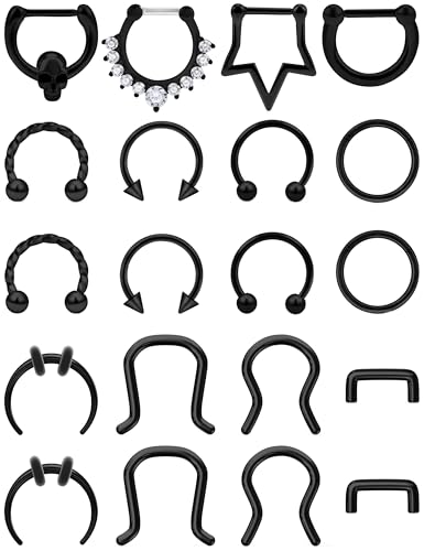 Vsnnsns 16G Septum Rings Piercing Jewelry 316L Stainless Surgical Steel Skull Flower Dangle Clicker Horseshoe Septum Nose Rings Hoop Piercing Jewelry for Women Men Silver Black Rose Gold 10mm - color: Black