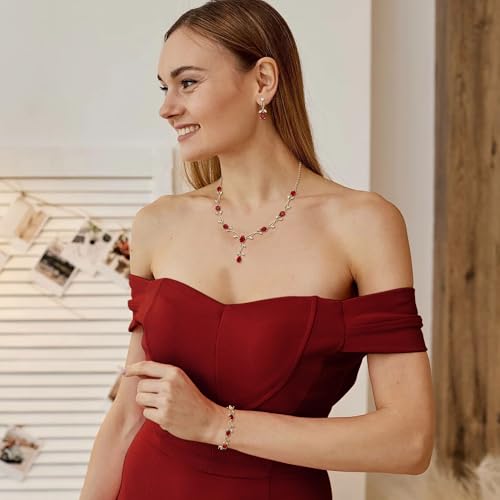 Crysdue Wedding Jewelry Set for Brides Bridesmaid, Cubic Zirconia Teardrop Marquise Leaf Cluster Pendant Necklace Bridal Tennis Bracelet Drop Earrings for Women Party Prom - style: A- CZ set-red, gold