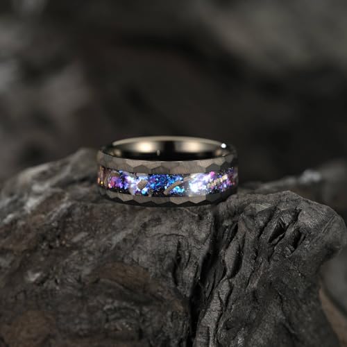 8mm Men's Tungsten Carbide Ring Gold/Black Hammered Meteorite Shavings Gold Foil Inlay Galaxy Nebula Green Opal Engagement Wedding Ring Matte Finish Comfortable Fit - color: 8mm- black tungsten