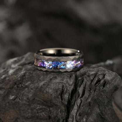 8mm Men's Tungsten Carbide Ring Gold/Black Hammered Meteorite Shavings Gold Foil Inlay Galaxy Nebula Green Opal Engagement Wedding Ring Matte Finish Comfortable Fit - color: 8mm- black tungsten