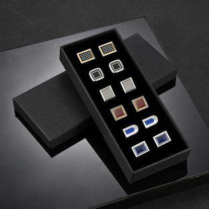wynameleri Cufflinks Set 6 Pairs for Men, Business Formal Shirts Buttons Cuff Link Packed in Case - color: B0206009