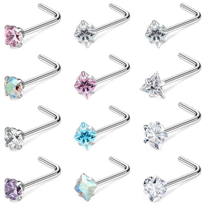 Hypoallergenic Nose Rings Studs 18G & 20G Surgical Steel Nose Studs L Shaped Nostril Piercing Jewelry with Cubic Zirconia for Women & Men - color: 20g,L-shape,crystal
