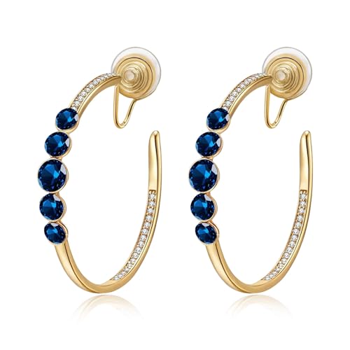 EVEVIC Austrian Crystal Hoop Clip On Earrings for Women | 14K Gold Plated,Silicone Comfort Pad,Versatile for Daily and Formal Occasions,Gift Box Included - color: Dark Blue