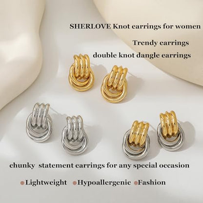 SHERLOVE Chunky Knot Gold Earrings Women Statement Drop Dangle Earrings | 14K Gold Plated Hypoallergenic Lightweight,Trendy Dainty Elegant Cute,Women Gold Jewelry Fashion Accessories Gifts - color: Knot Double Silver C