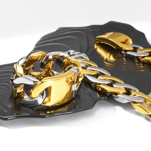 SDA Wide Chunky Gold Chain Necklace - Heavy and Waterproof 316L Surgical Steel with 18K Gold Plating for Modern Men and Women into Hip Hop Fashion - color: B115-Gold+White Gold