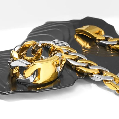 SDA Wide Chunky Gold Chain Necklace - Heavy and Waterproof 316L Surgical Steel with 18K Gold Plating for Modern Men and Women into Hip Hop Fashion - color: B115-Gold+White Gold