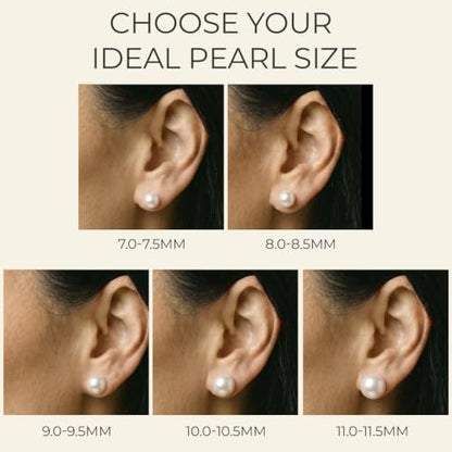 THE PEARL SOURCE Round White Freshwater Real Pearl Earrings in AAAA Quality for Women - 14k White and Yellow Gold Stud Earrings | Hypoallergenic Earrings with Genuine Cultured Pearls, Pearl Gifts for Christmas, Holidays and Anniversary - color: White Gold
