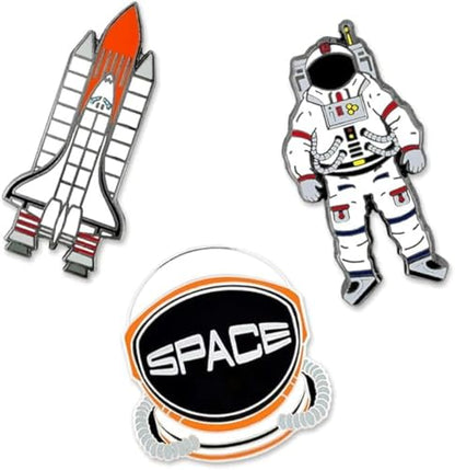 PinMart Outer Space Enamel Lapel Pin - color: Astronaut/Helmet/Rocketship Set Nickel Plated, size: 3 Pack