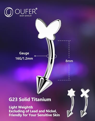 OUFER Rook Piercing Jewelry, G23 Solid Titanium Eyebrow Rings, Heart Vertical Labret Lip Jewelry, 16G Curved Barbells, Daith Rook Earrings for Women Men - color: Cross, size: 16G 8mm