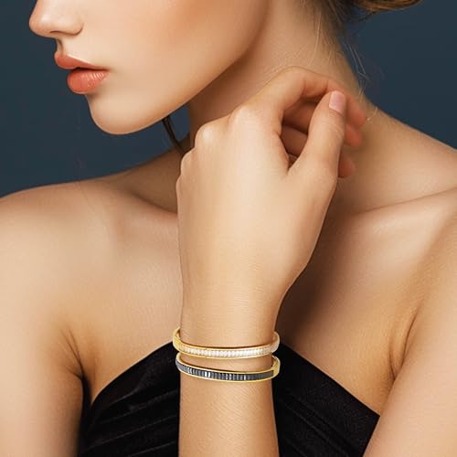 Gold Rhinestone Bangles Bracelets for Women, Chunky Crystal Stainless Steel Stackable Cuff Bracelet Prom Fashion Jewelry Gift - color: White