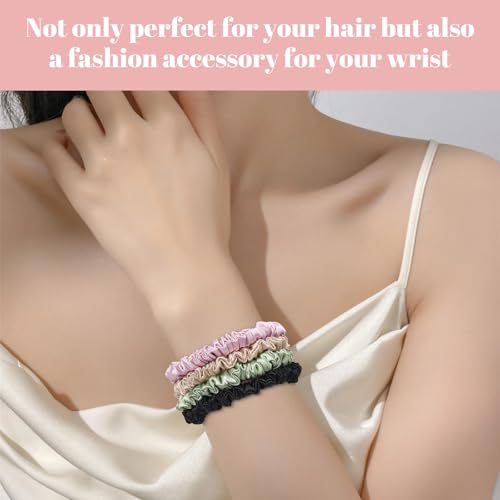 Scrunchies Hair Ties Silk Satin Scrunchy, WantGor Women 4PC Hair Bands | Pure Mulberry Silk Skinny Elastic Scrunchies Bracelets Ponytail Holders Hair Accessories (Black,Champagne,Pink,Green) - color: Black,Champagne,Pink,Green