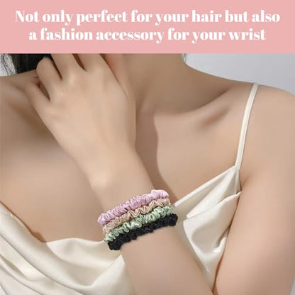 Scrunchies Hair Ties Silk Satin Scrunchy, WantGor Women 4PC Hair Bands | Pure Mulberry Silk Skinny Elastic Scrunchies Bracelets Ponytail Holders Hair Accessories (Black,Champagne,Pink,Green) - color: Black,Champagne,Pink,Green