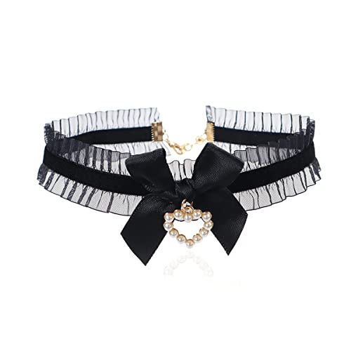 Bethynas Sexy Lace Bowknot Choker Collar Lolita Velvet Heart Pendant Tie Neck Chain Gothic Cosplay Neck Accessories for Women - color: Black