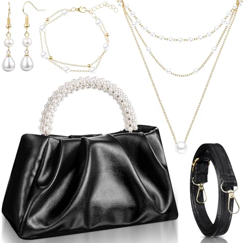 Liliaafar 4 Pcs Evening Clutch Purse with Pearl Jewelry Sets,Clutch Bag Pearl Earrings Necklace Bracelet for Wedding Party - color: Black, style: Leather Ruched