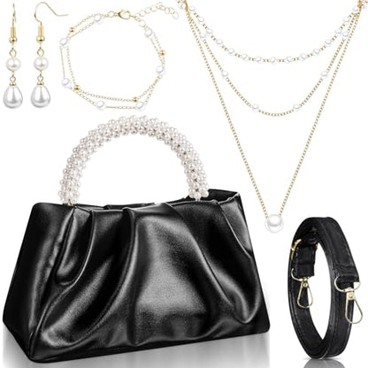 Liliaafar 4 Pcs Evening Clutch Purse with Pearl Jewelry Sets,Clutch Bag Pearl Earrings Necklace Bracelet for Wedding Party - color: Black, style: Leather Ruched