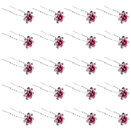 QIUTIMIY 20 Pack (Pink) Crystal Hair Pins Rose Flower Rhinestone Hair Clips for Bridal Wedding Women Hair Jewelry Accessories, with Clear Container - color: Rose Flower-Pink