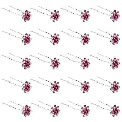 QIUTIMIY 20 Pack (Pink) Crystal Hair Pins Rose Flower Rhinestone Hair Clips for Bridal Wedding Women Hair Jewelry Accessories, with Clear Container - color: Rose Flower-Pink