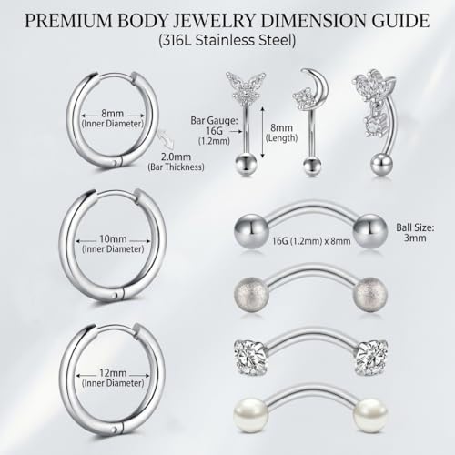 Anicina Rook Curved Barbell Piercing Jewelry Surgical Steel Rook Earrings Eyebrow Rings for Women Horseshoe Rook Eyebrow Septum Piercing Hoop 16G Silver Black - color: A-10pcs-silver