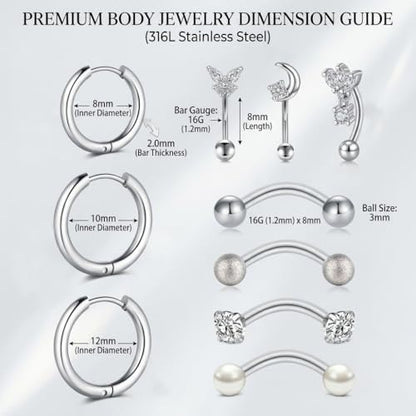 Anicina Rook Curved Barbell Piercing Jewelry Surgical Steel Rook Earrings Eyebrow Rings for Women Horseshoe Rook Eyebrow Septum Piercing Hoop 16G Silver Black - color: A-10pcs-silver
