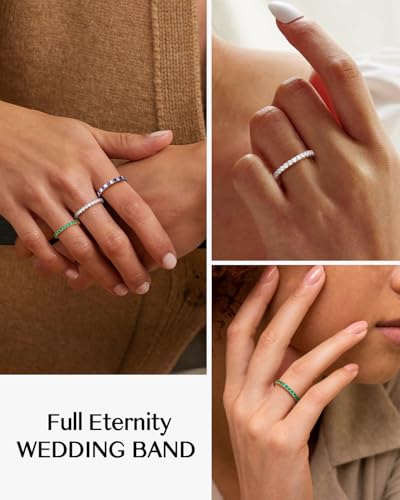 DAYBYDAY Sapphire/Emerald/Ruby Full Eternity Band Rings for Women, 2.4mm Thin Birthstone Stackable Rings, 925 Sterling Silver/14K Gold Plated Gemstone Wedding Band Anniversary Ring Size 6 to 10 - color: 09. Blue Sapphire & Cz, September