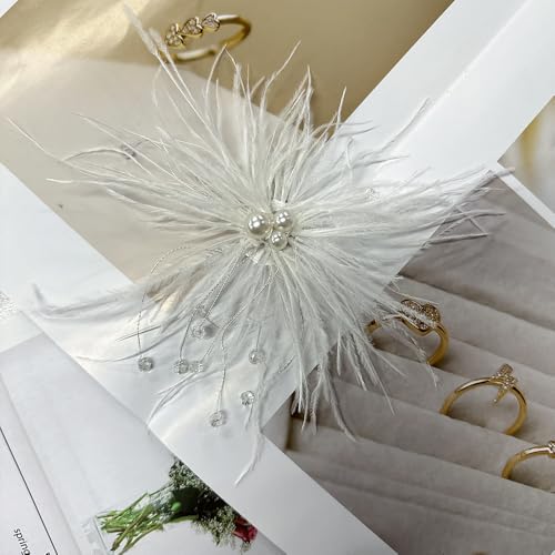 Elegant Feather Flower Pearl Cz Large Brooch Pin for Women Men Rhinestone Crystal Floral Lapel Pins Wedding Party Banquet Dress Suit Clothes Accessories Fashion Jewelry 180mm - color: White
