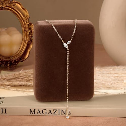 LuckFairy Lariat Necklace for Women，Dainty Gold Long Necklaces 14k Gold Plated CZ Lips Bead Y-Shaped Drop Chain Necklace Simple Gold Layered Necklaces for Women Trendy Gold Jewelry Gifts for Women - color: LEAF CZ