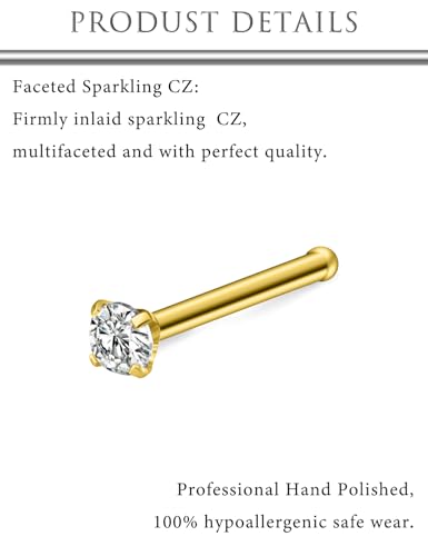 Hoeudjo Nose Studs Surgical Steel Cubic Zirconia Nose Rings Kit for Women Men Tiny Nose Stud Screw & Bone & L Shaped Nostril Piercing Jewelry 24-18 Gauge 20 Pieces Set - color: gold-tone,nose bone studs, size: 20g/2.0mm clear CZ