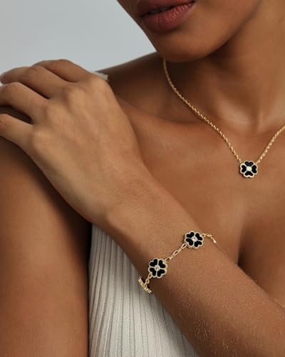 PAVOI 14K Gold Plated Clover Bracelets for Women - Flower Four Leaf Clover Bracelet - Mother of Pearl & Onyx Gemstone Lucky Flower Design - Adjustable Trendy Jewelry Gifts - style: Black Onyx Flower
