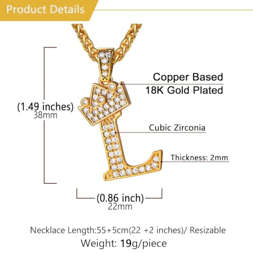 U7 Crown Initial Necklace Men Women, Bling Diamond A-Z 0-9 Letter Pendant with Wheat Chain, Silver/Black/Gold Plated CZ Alphabet Number Hip Hop Jersery for Father Husband - color: a. Gold, size: 12. L