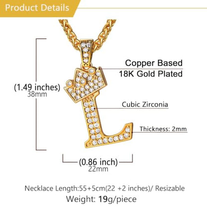 U7 Crown Initial Necklace Men Women, Bling Diamond A-Z 0-9 Letter Pendant with Wheat Chain, Silver/Black/Gold Plated CZ Alphabet Number Hip Hop Jersery for Father Husband - color: a. Gold, size: 12. L