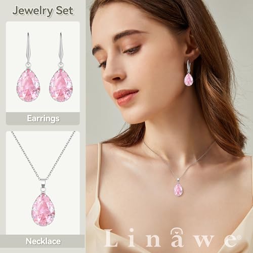 Linawe Crystal Jewelry Sets for Women, Imitation Diamond Pendant Necklace, Rhinestone Drop Dangle Earrings, Birthstone Cubic Zirconia Matching Wedding Jewelry, 14K Gold/Rose Gold/Silver Tones - color: Silver,Pink,Oct