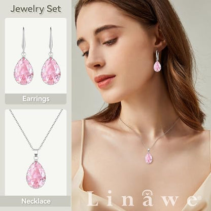 Linawe Crystal Jewelry Sets for Women, Imitation Diamond Pendant Necklace, Rhinestone Drop Dangle Earrings, Birthstone Cubic Zirconia Matching Wedding Jewelry, 14K Gold/Rose Gold/Silver Tones - color: Silver,Pink,Oct