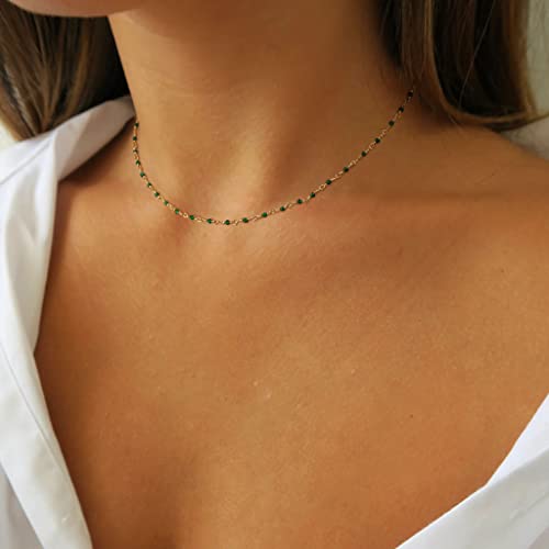 MTMY Beaded Necklaces for Women 14K Gold Plated Dainty Colorful Green/Rose Beaded Pearl Choker Necklace Delicate Boho Choker Necklace Jewelry Gift - style: Crystal-green