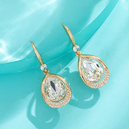 Austrian Crystal Halo Teardrop Hollow Drop Dangle Earrings for Women 14K Rose Gold Plated Hypoallergenic Jewelry Gifts - color: Clear White
