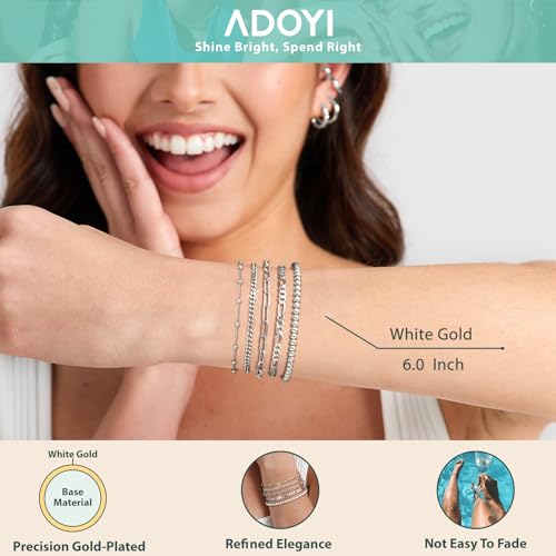 Gold Bracelets for Women, 14K Gold Plated Stackable Bracelet Stack Set Adjustable Charm Paperclip Chain Cuban Link Layered Waterproof Jewelry Sets Gifts for Womens 6.5 Inch - color: Silver-A 6.0 IN
